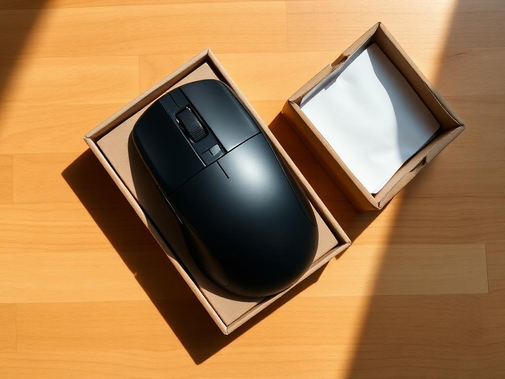 Unboxed wireless mouse on a wooden desk